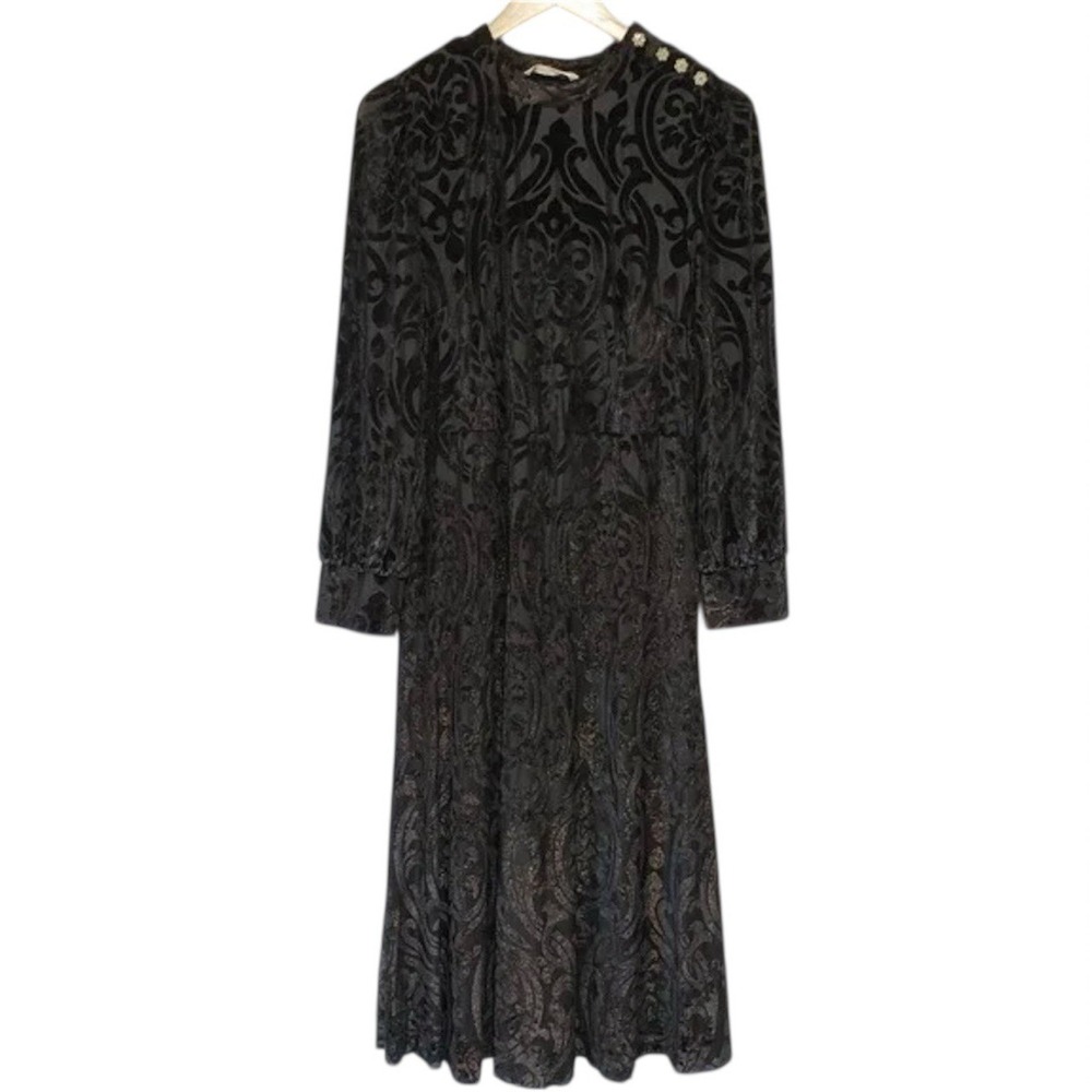 NEW‎ Soft Surroundings Hadley Dress Womens 6P Black Velvet Burnout Romantic Midi